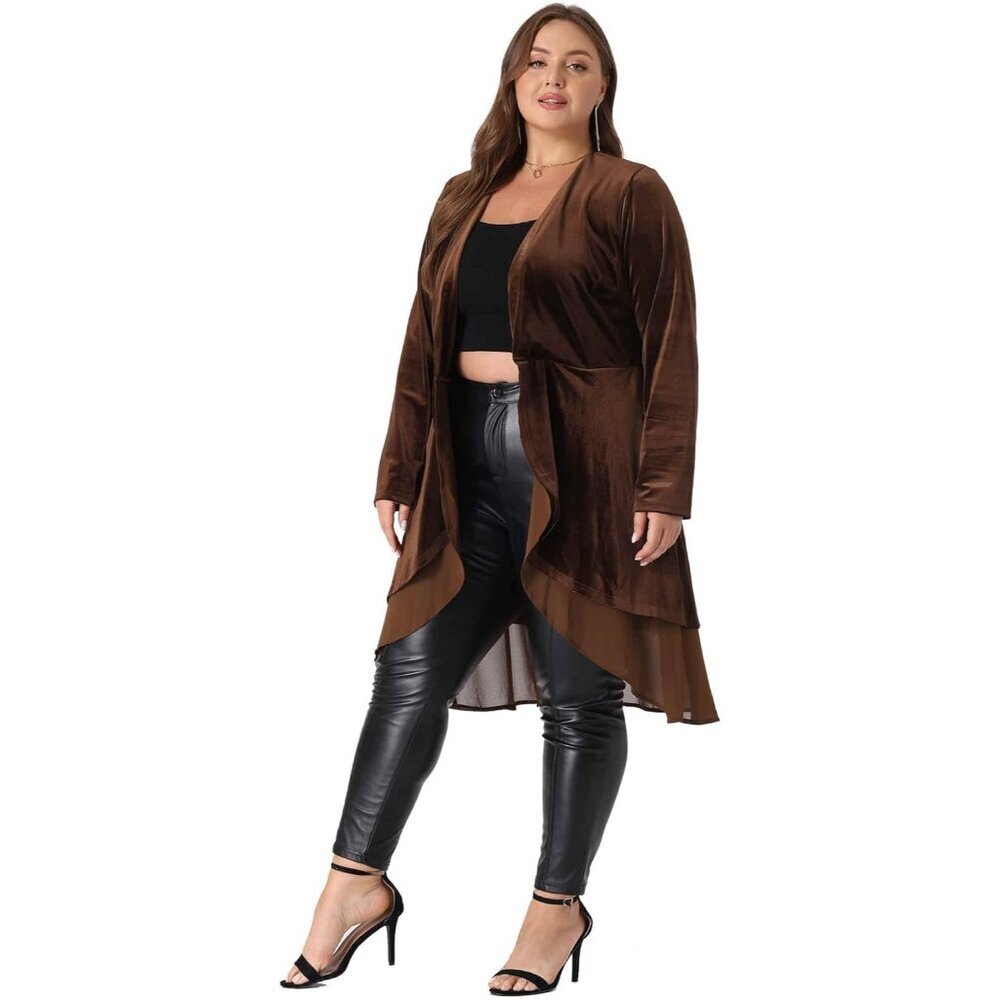 Plus Size Velvet Cardigan Ruffled Open Front Long Sleeve Chic Casual - Picture 3 of 5